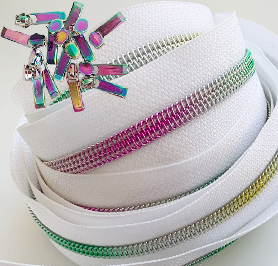  #5 White Rainbow Zipper Tape 10 Yard White Zipper Tape by The  Yard #5 Zipper Roll Nylon Coil Zippers for Sewing with 15 pcs Colorful  Zipper Pulls Long Zippers for Purses